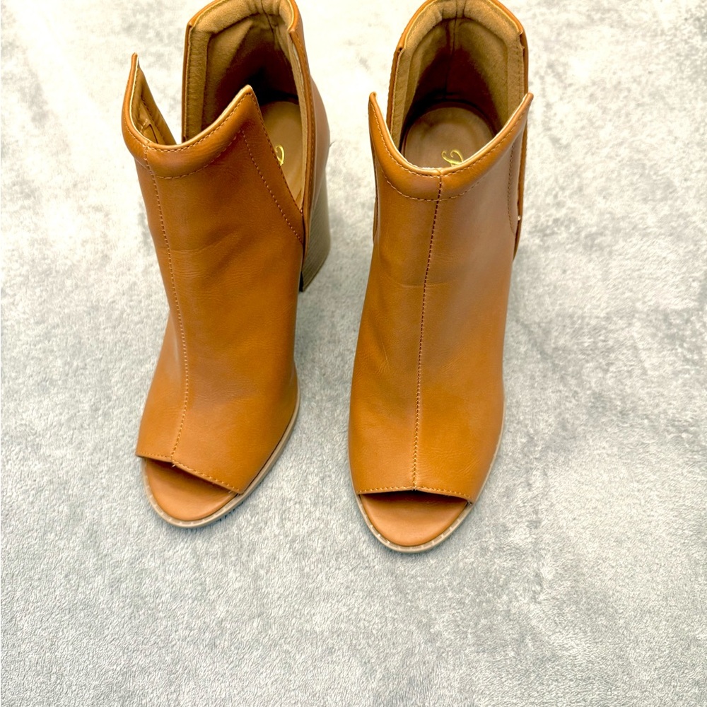 Pink Lily Tan Peep-Toe Mid Shaft Boots